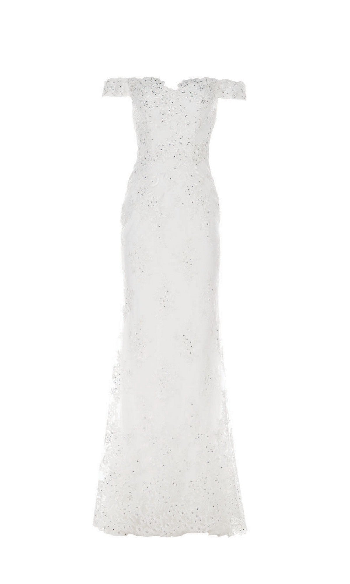The Alyce 27249 long formal dress in diamond white features an off-the-shoulder design, fitted silhouette, beaded lace, and sparkling accents—perfect for mothers of the bride seeking timeless elegance.